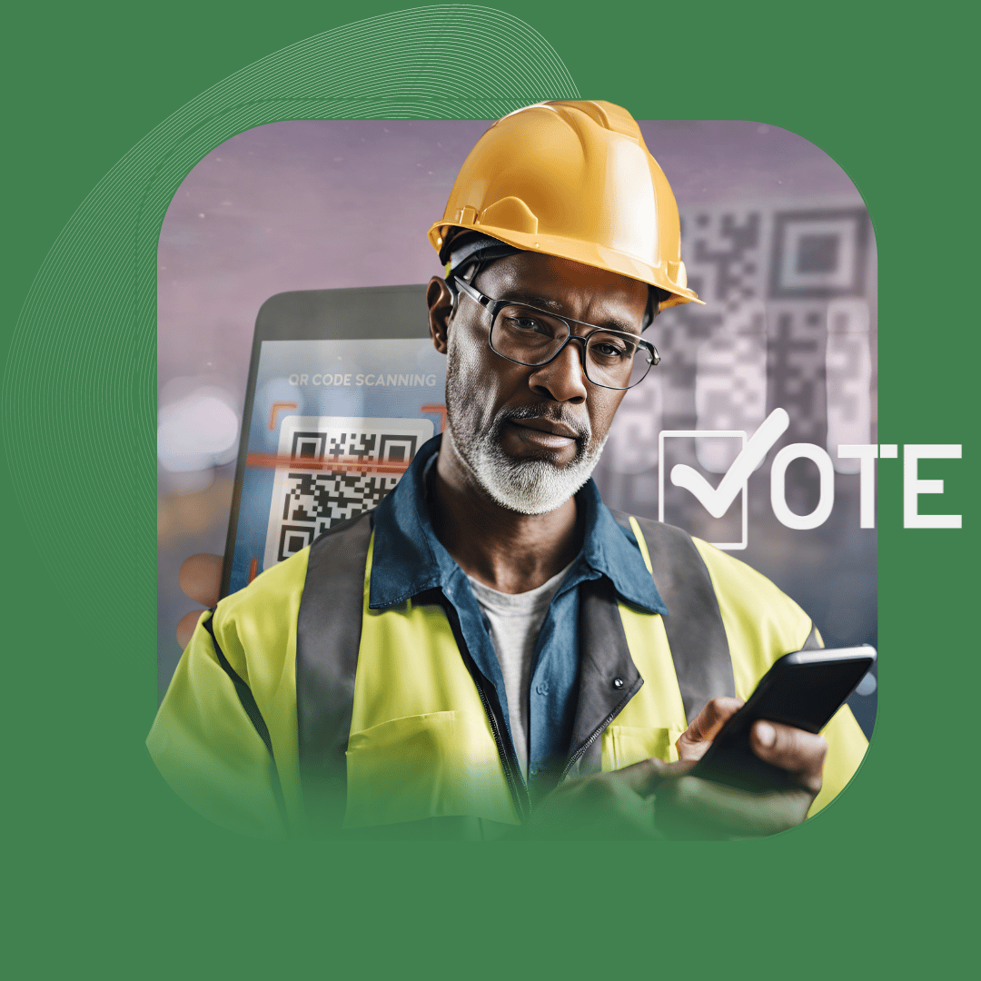 Votação Online da Cipa - Mostra um homem segurando um celular com um QR code ao fundo, representando o uso da tecnologia móvel para simplificar o processo de votação online da CIPA.