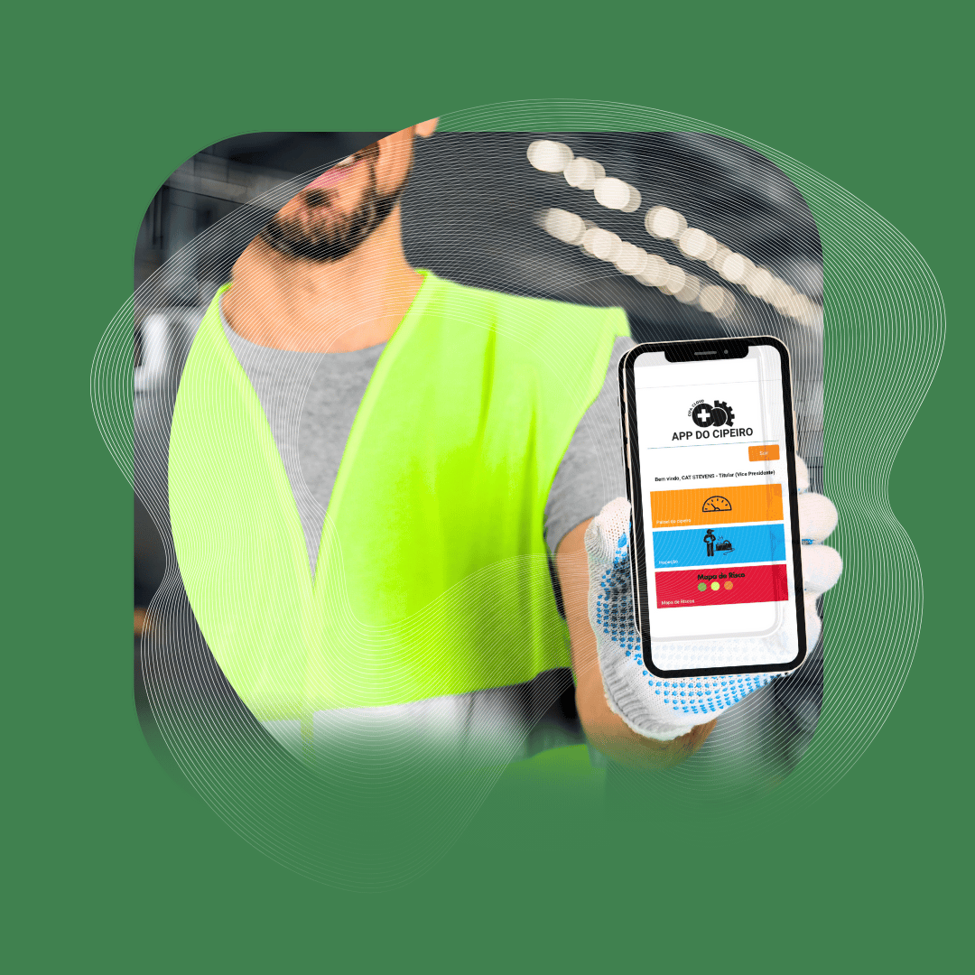Plano de ações e Reuniões - Ilustra um homem segurando um celular mostrando a interface digital do App do Cipeiro, usado na gestão integral da CIPA.